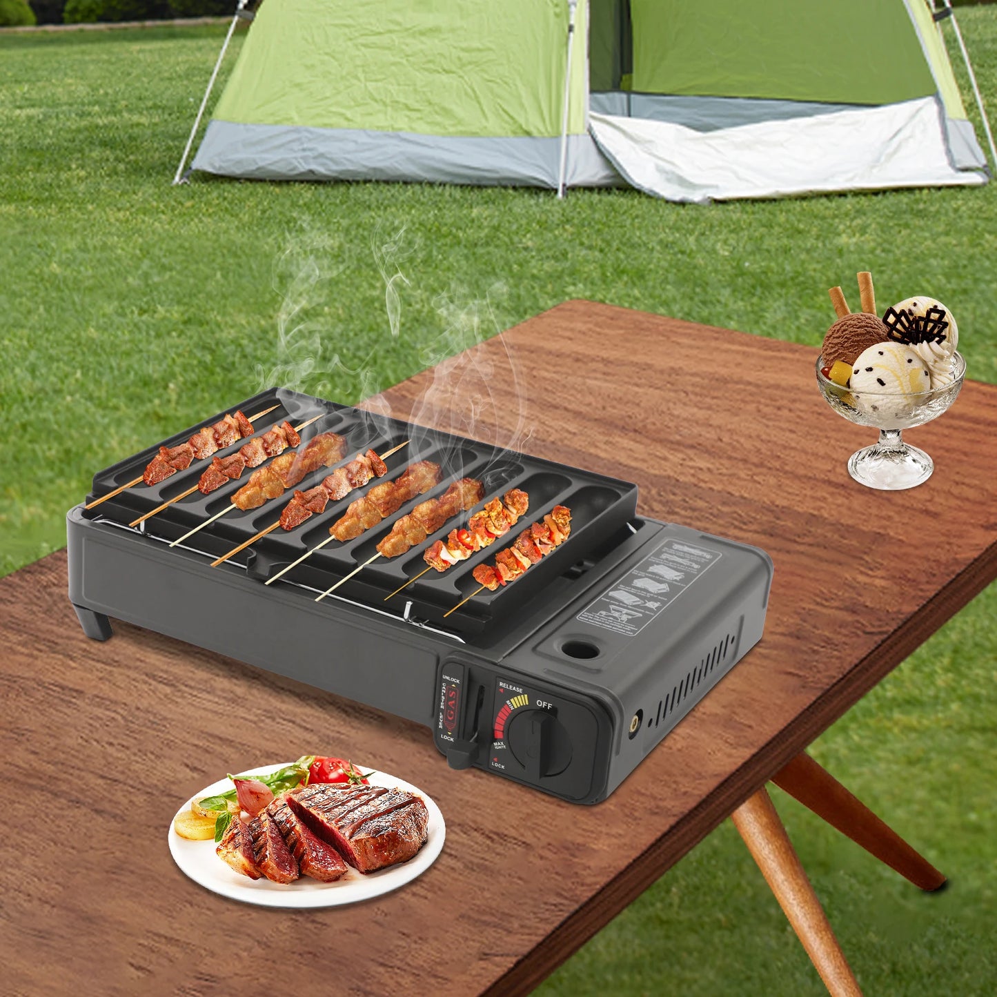 Bymaocar Portable Gas Grill Stove 2.2KW Butane With Sausage Plate