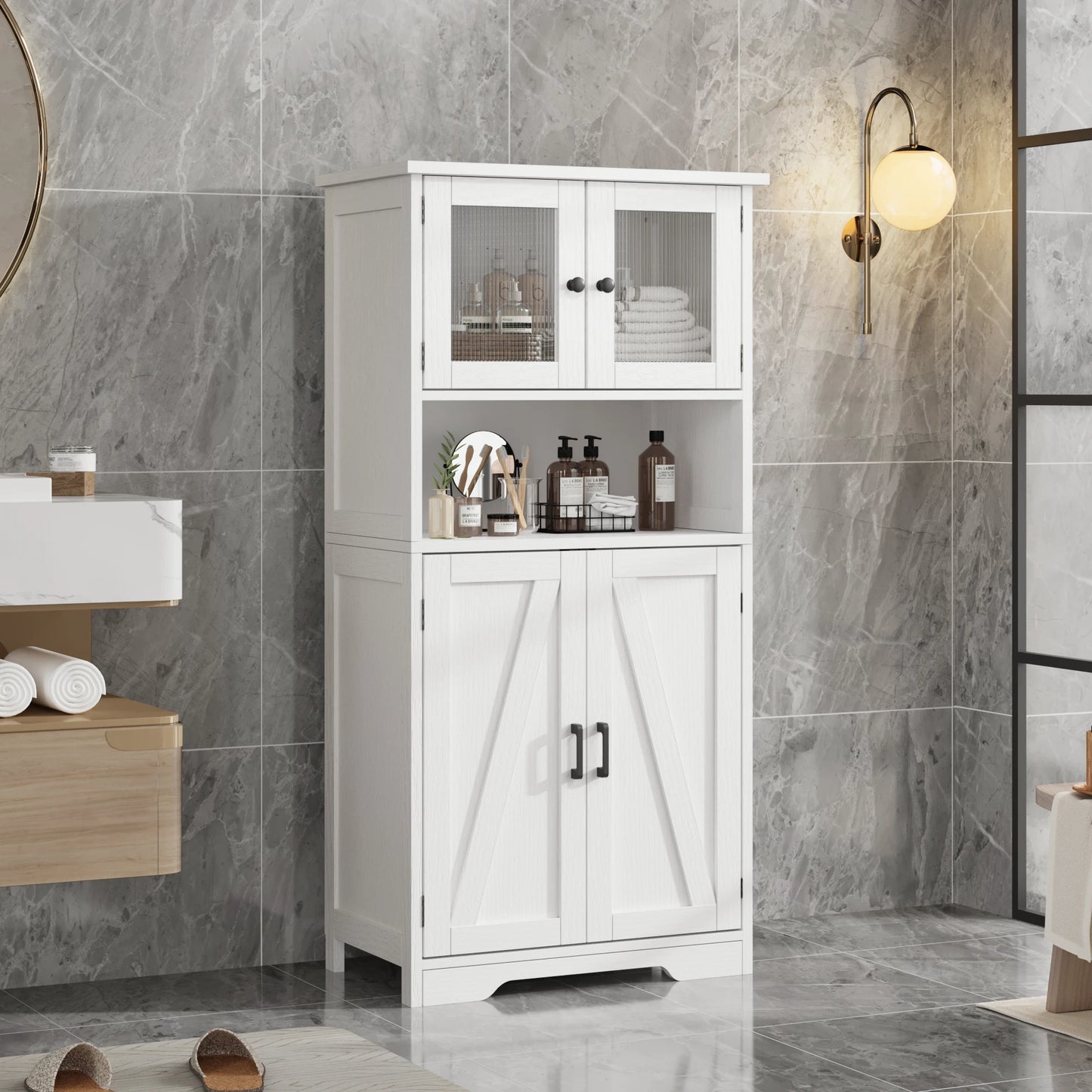 HobbyLane Free Standing Kitchen Pantry Cabinet Tempered Glass Doors