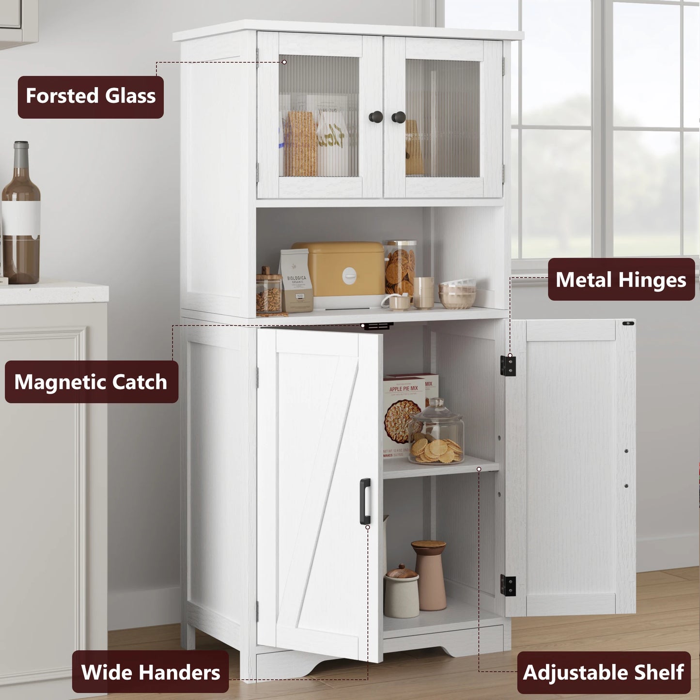 HobbyLane Free Standing Kitchen Pantry Cabinet Tempered Glass Doors