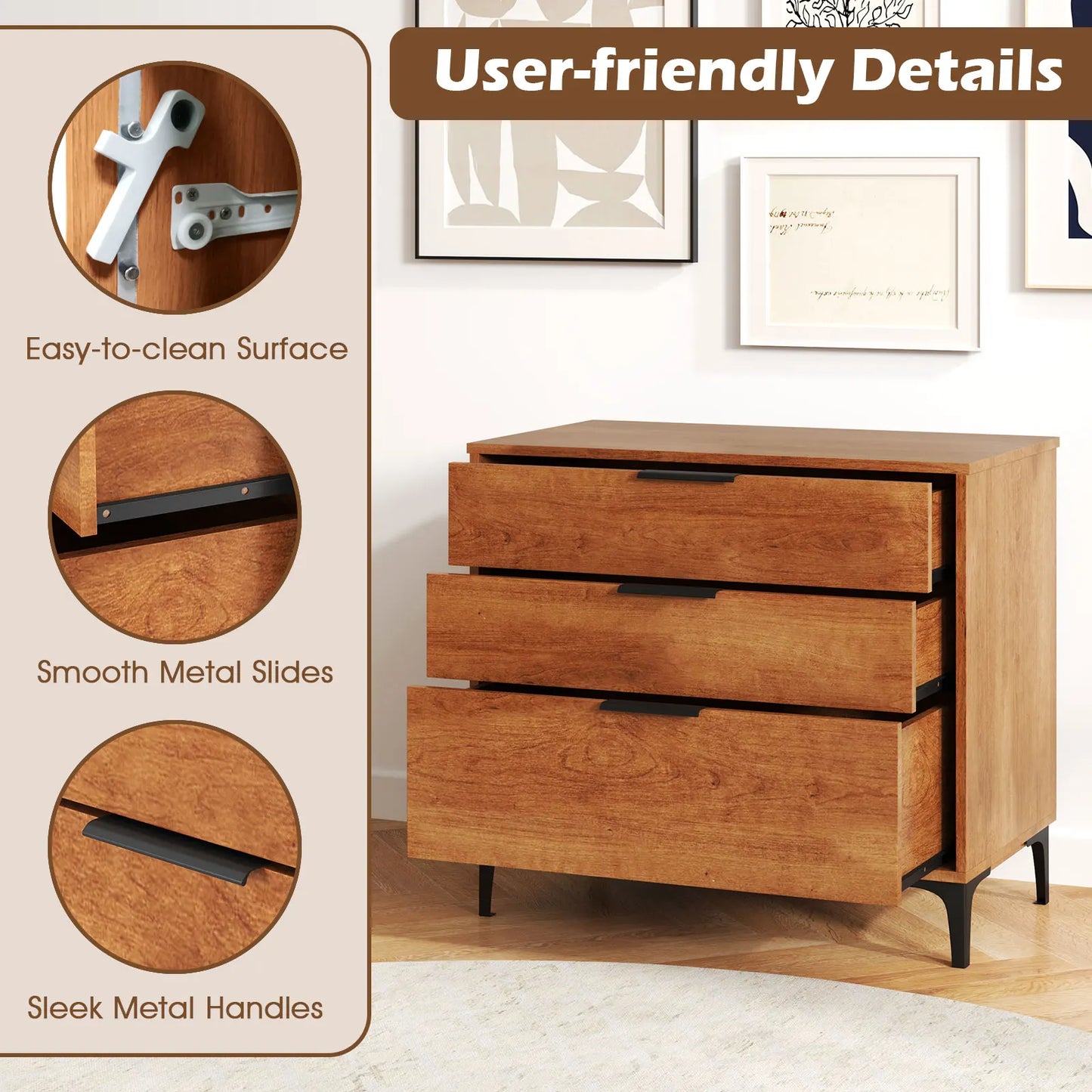 Homasis 3-Drawer Dresser With Metal Support Legs And Anti-Tipping Kit