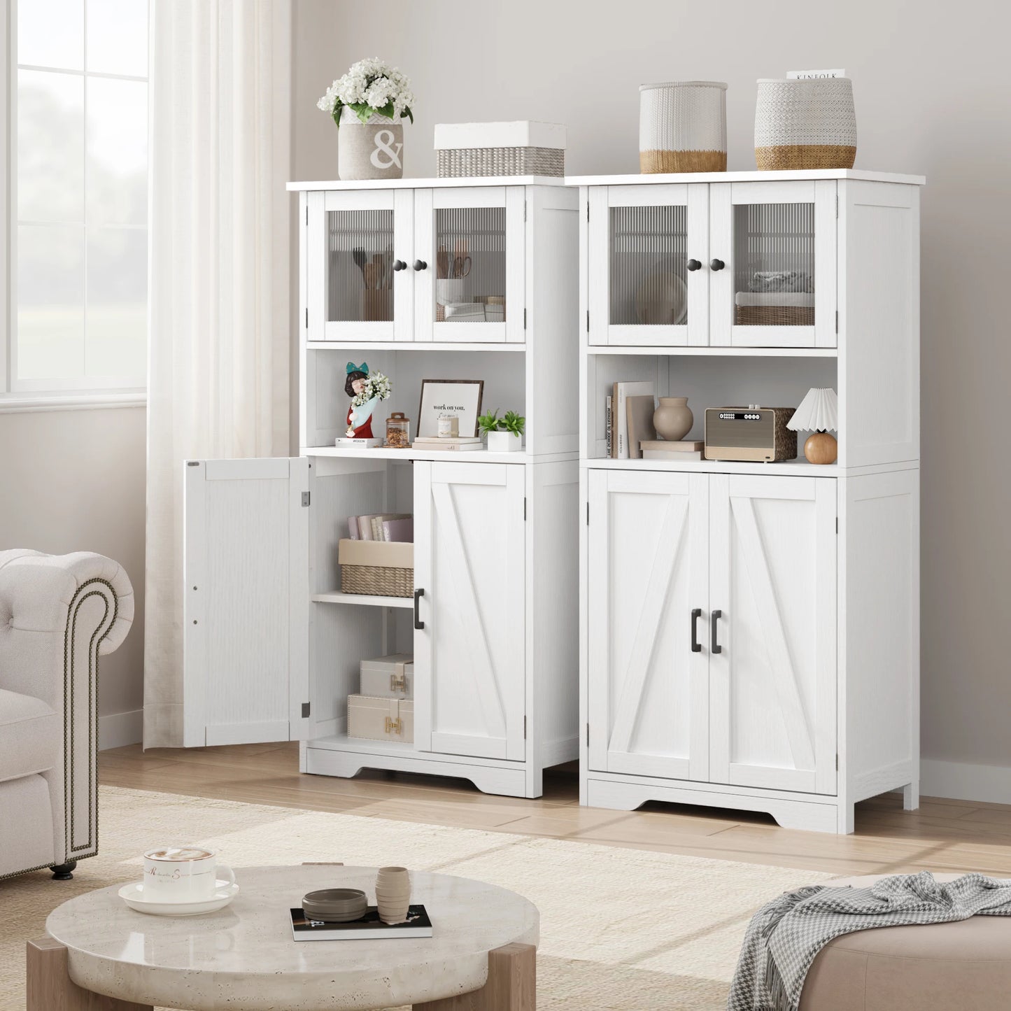 HobbyLane Free Standing Kitchen Pantry Cabinet Tempered Glass Doors