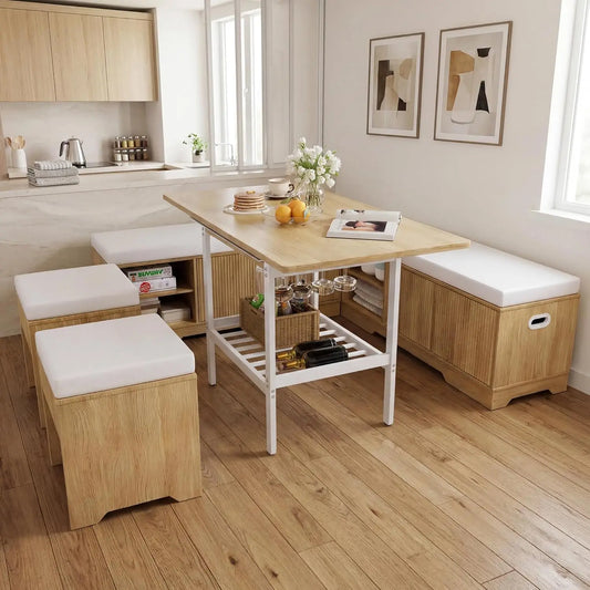 GUOHE Extendable Breakfast Nook Set With Storage Benches And Stools