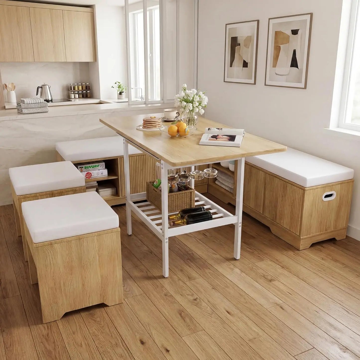 GUOHE Extendable 6 Piece Breakfast Nook Set With Storage Benches