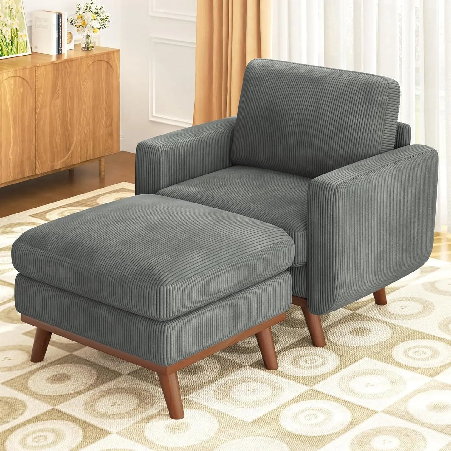 L Shape Modular Sectional Sofa 3 Seat Corduroy Movable Ottoman