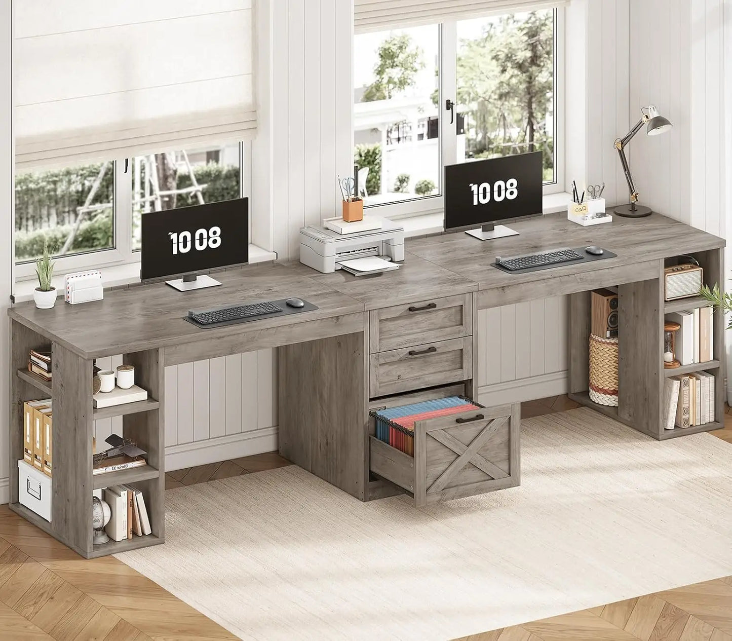 Farmhouse Computer Desk With Drawers And Storage Shelves For Home Office