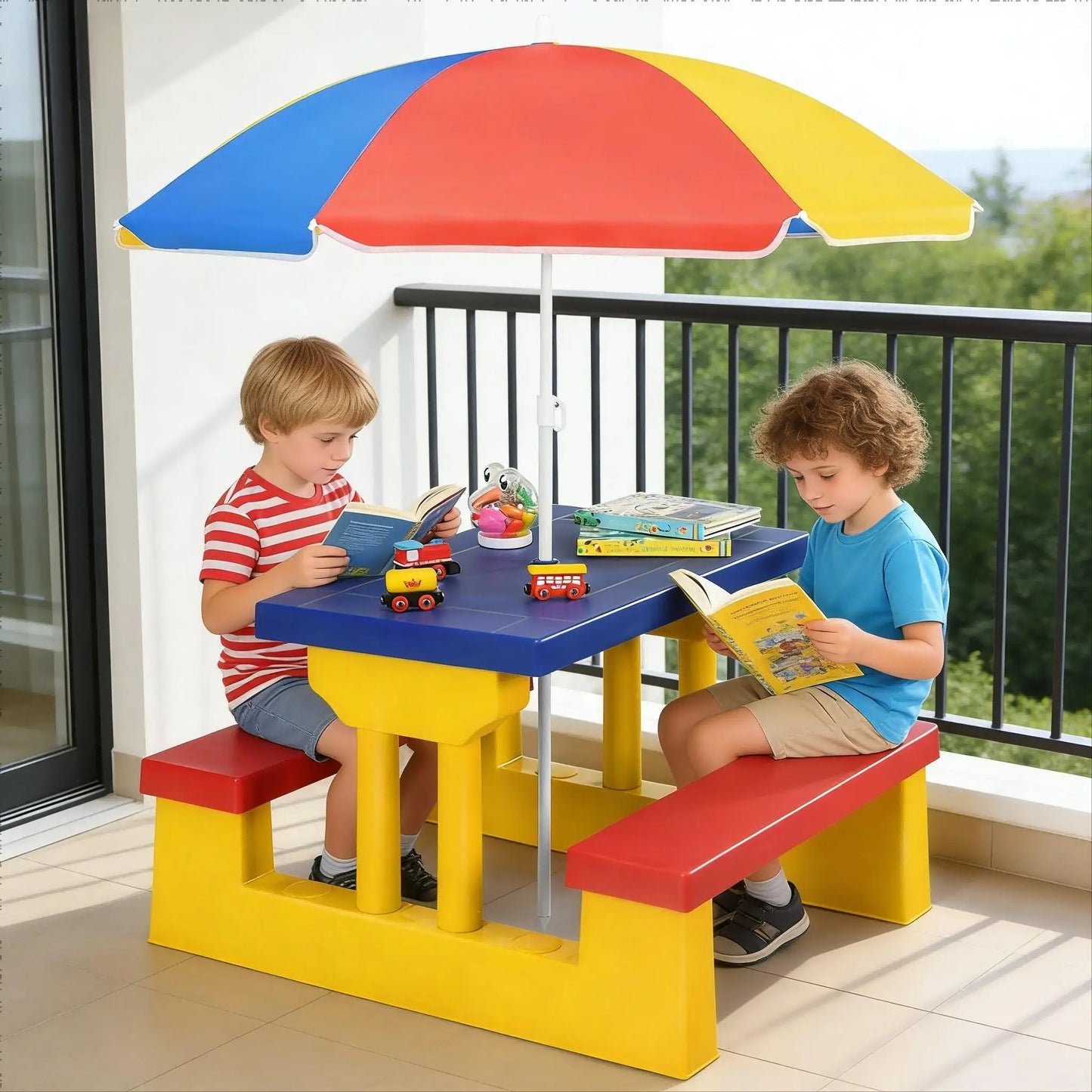Kids Picnic Table Set With Foldable Umbrella Lightweight