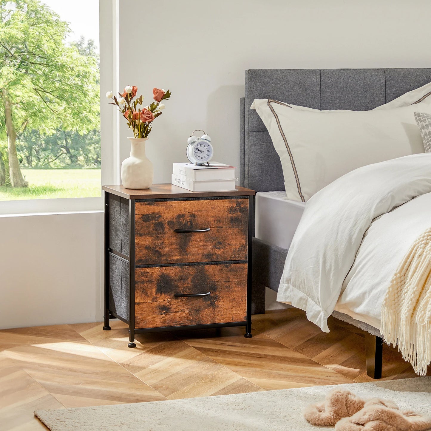 JHK Nightstand With Storage Drawers Bedside Table Modern Metal Frame