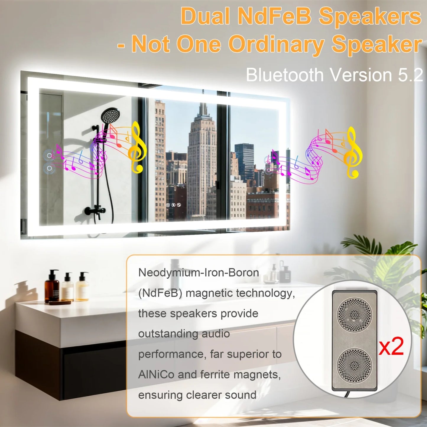 LED Bathroom Mirror With Bluetooth Speaker And Anti Fog Backlit