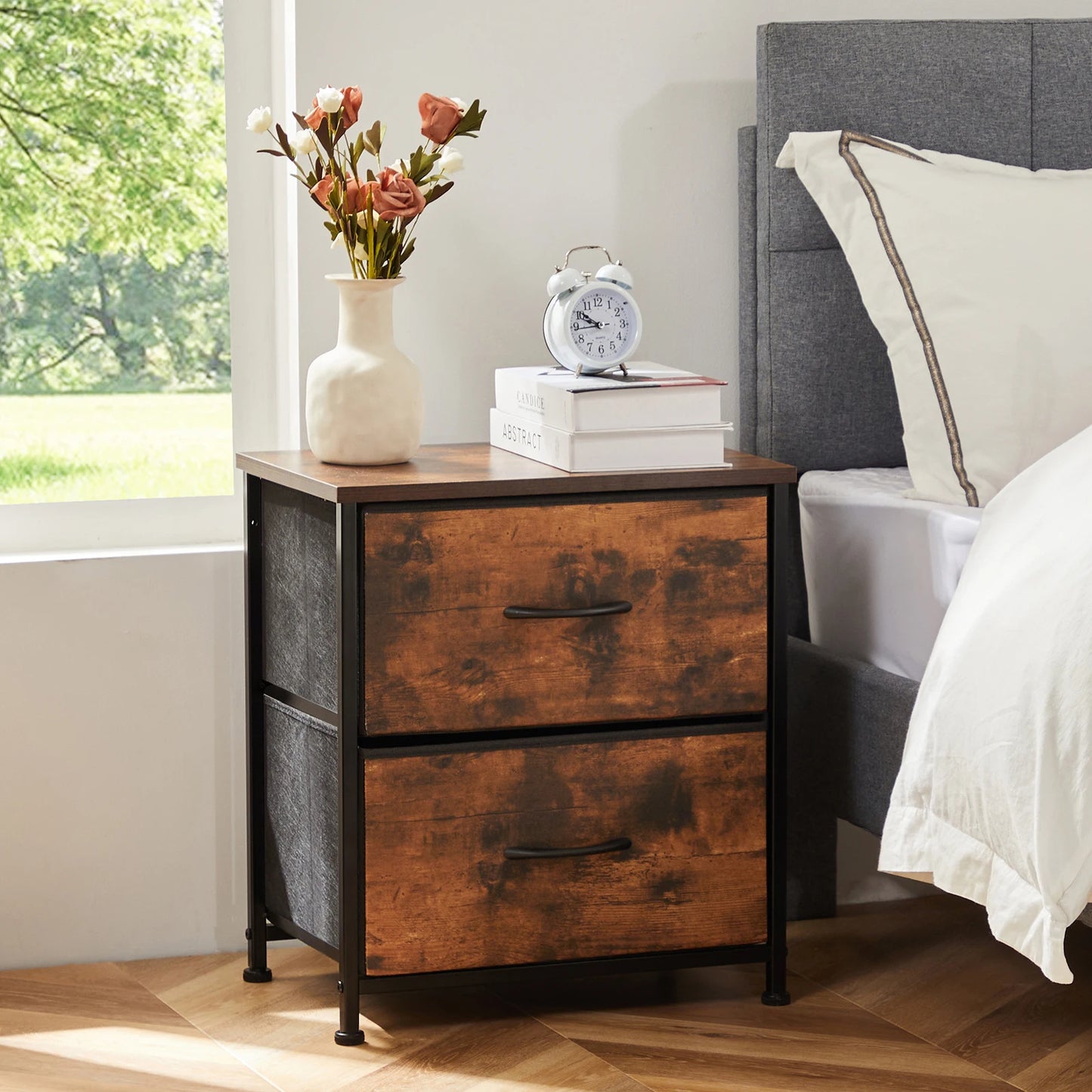 JHK Nightstand With Storage Drawers Bedside Table Modern Metal Frame