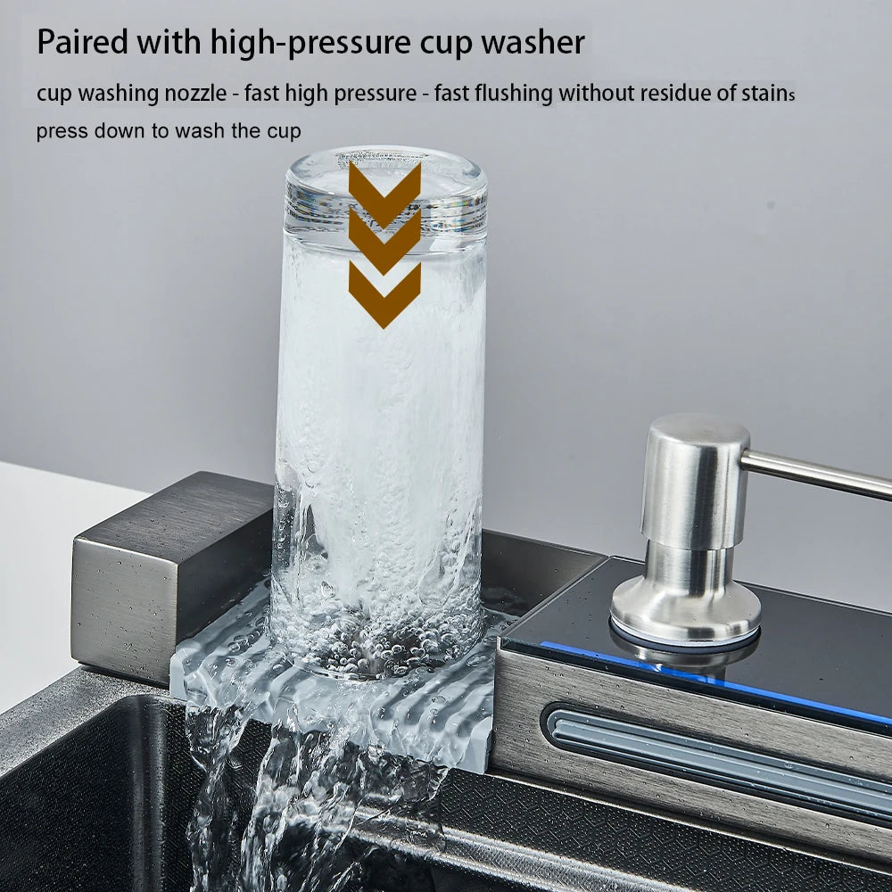 Multifunctional Kitchen Waterfall Sink With Digital Display, 304 Stainless Steel