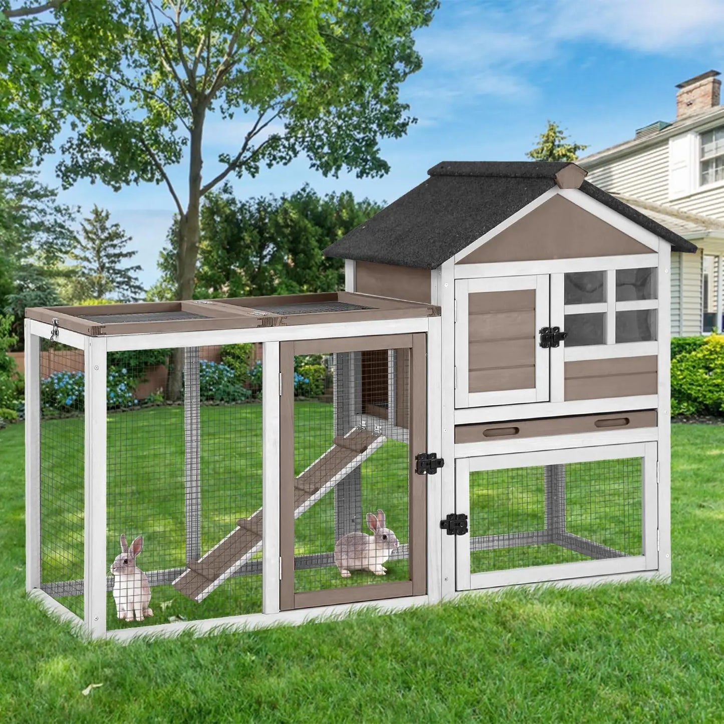 Two-Story Chew-Proof Metal Rabbit Hutch for Indoor Outdoor Use