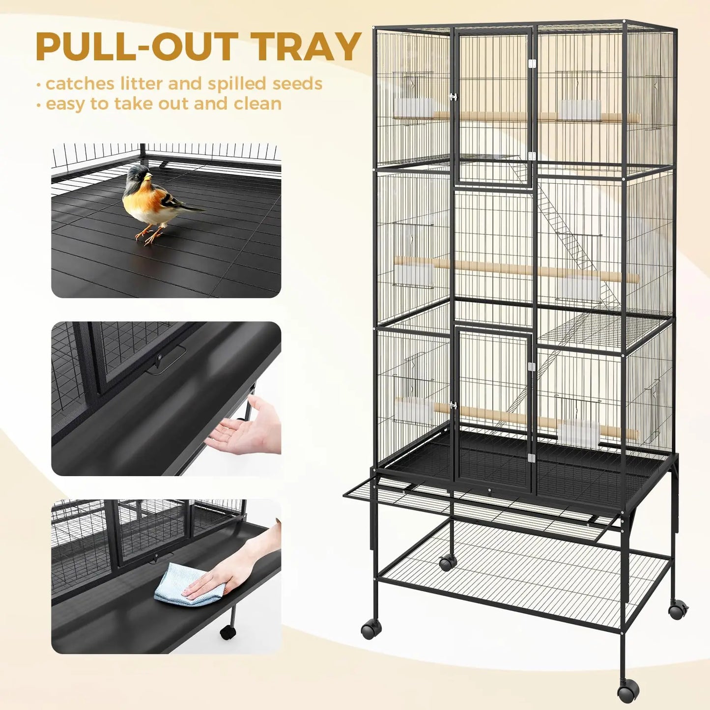 HiMISS Multi-Tier Bird Cage With Detachable Stand And Wheels