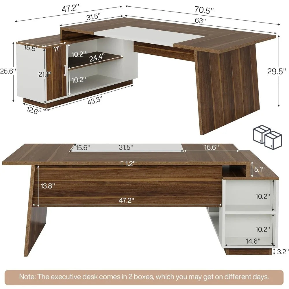L-Shaped Executive Desk With Storage And Shelves Mid-Century Modern