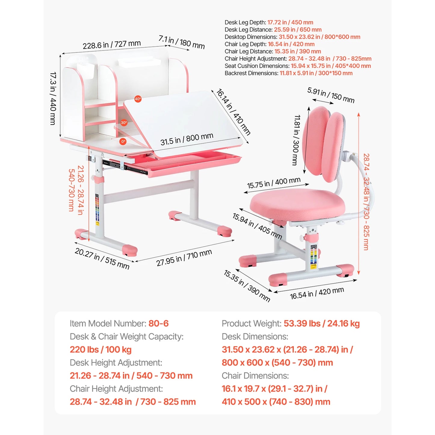 SucceBuy Kids Study Desk and Chair Set with Adjustable Height