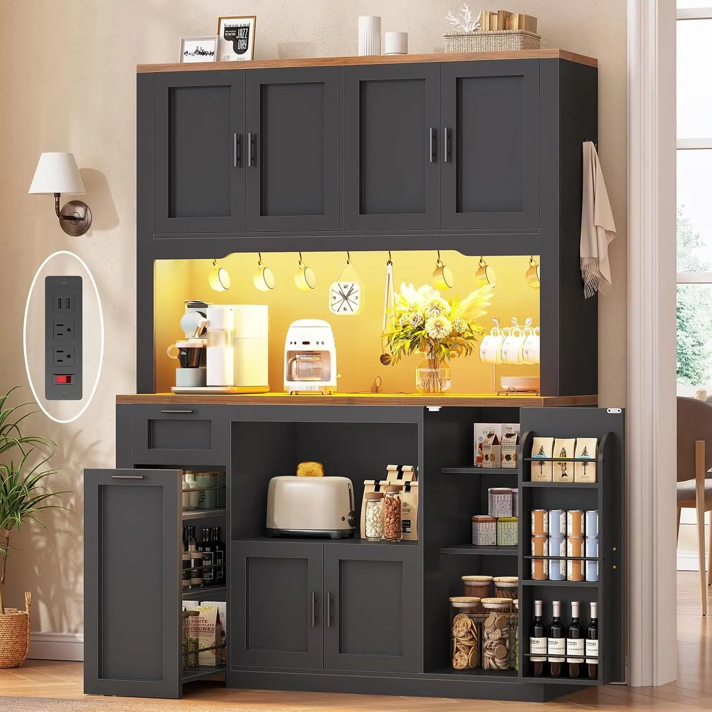 Pantry Cabinet With Charging Station And Lighting Microwave Stand