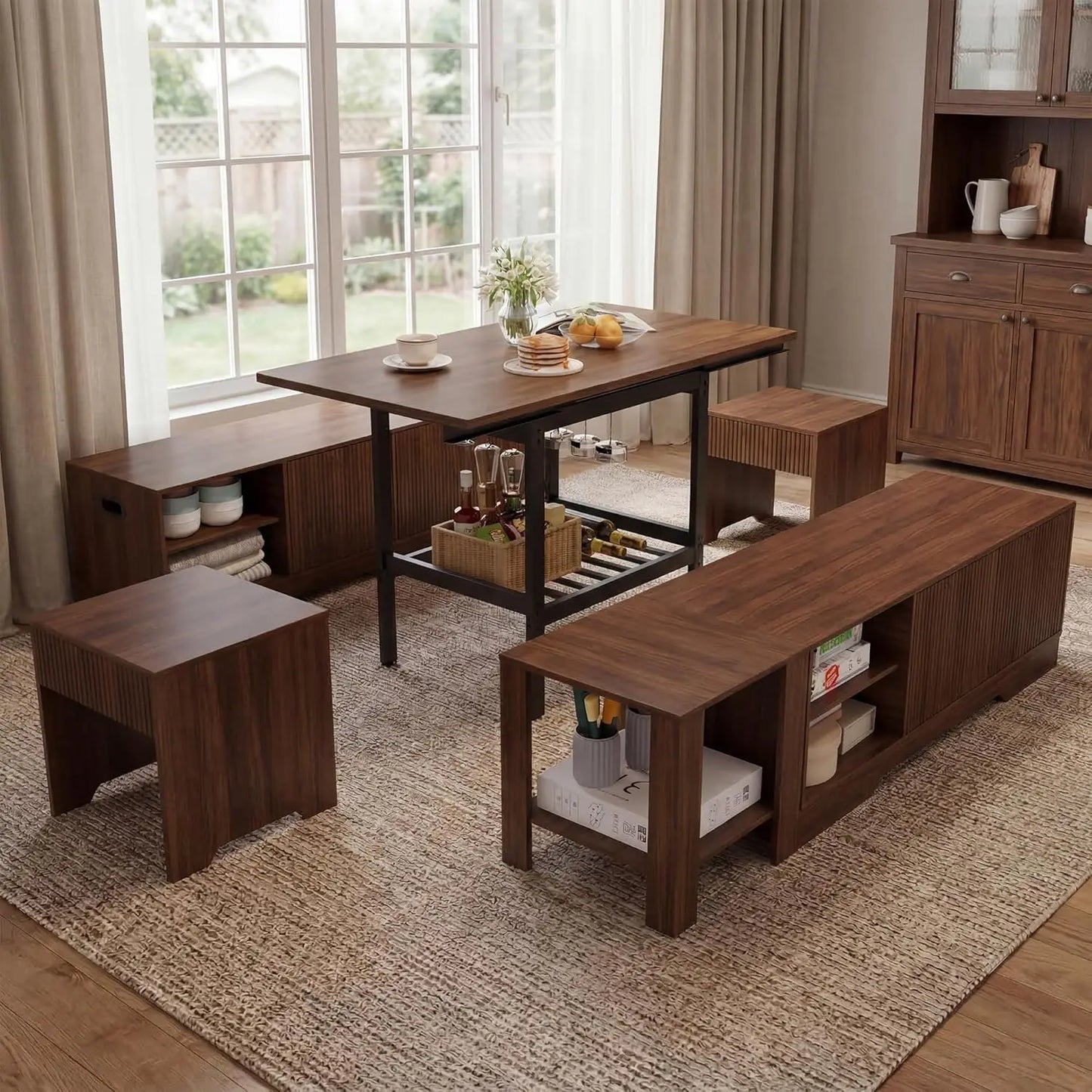 GUOHE Extendable 6 Piece Breakfast Nook Set With Storage Benches