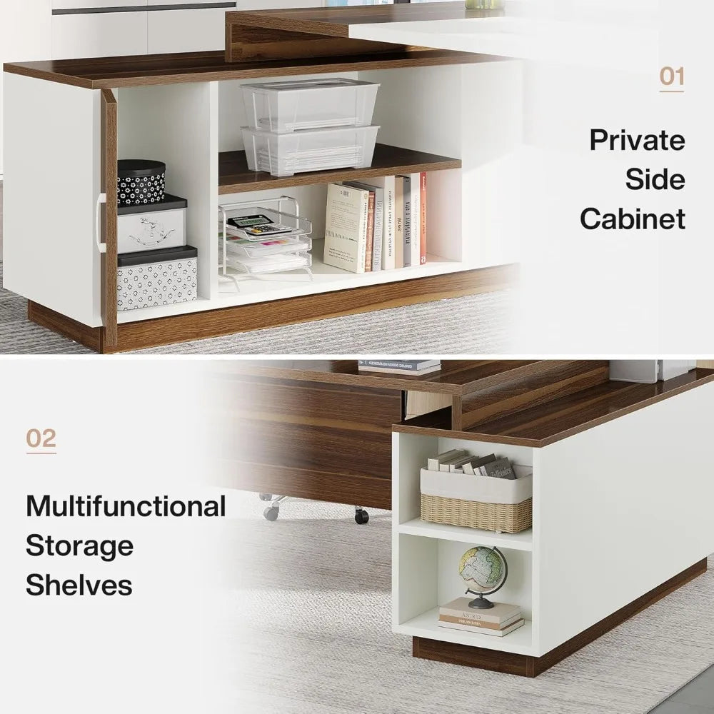 L-Shaped Executive Desk With Storage And Shelves Mid-Century Modern