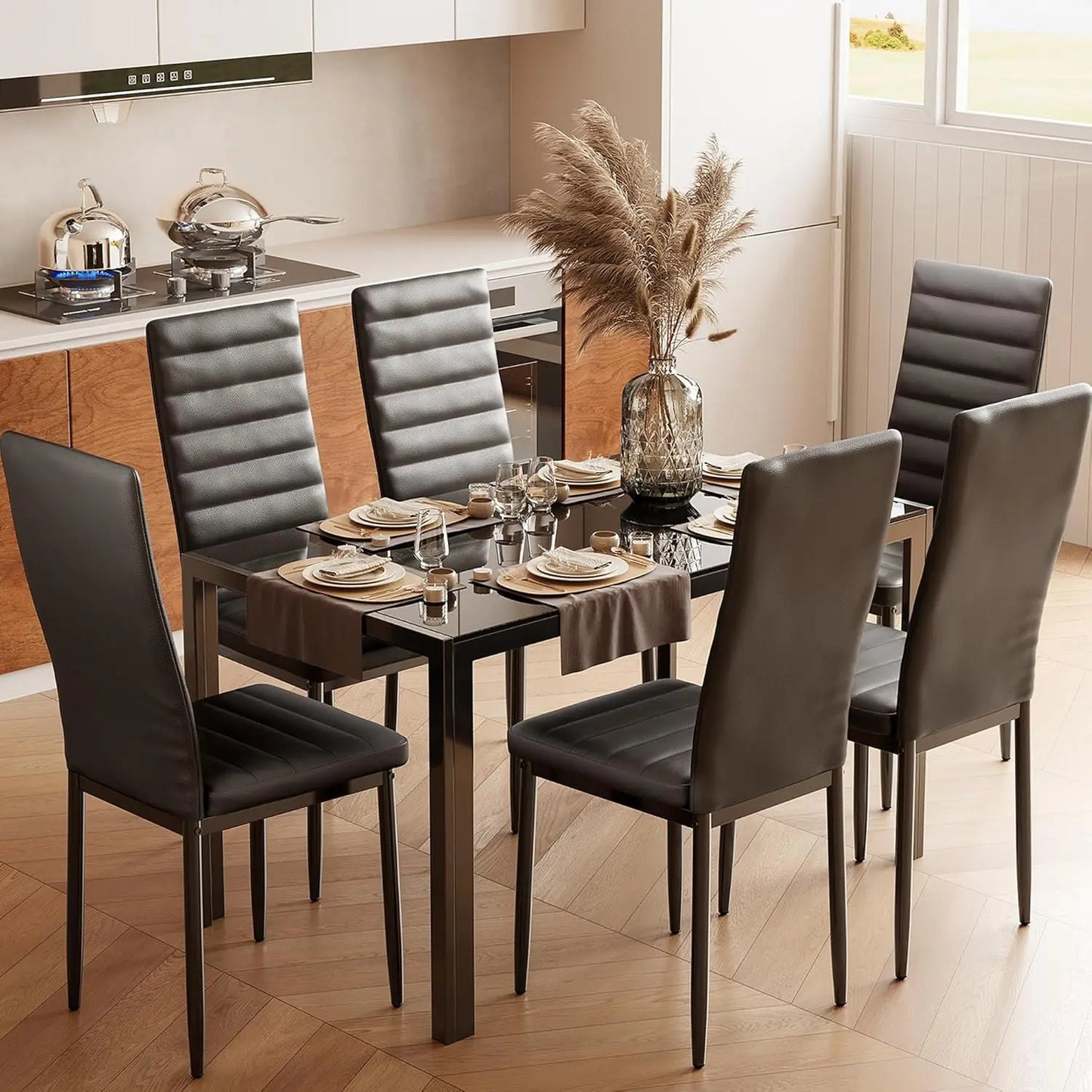 Modern 7 Piece Dining Table Set With Tempered Glass