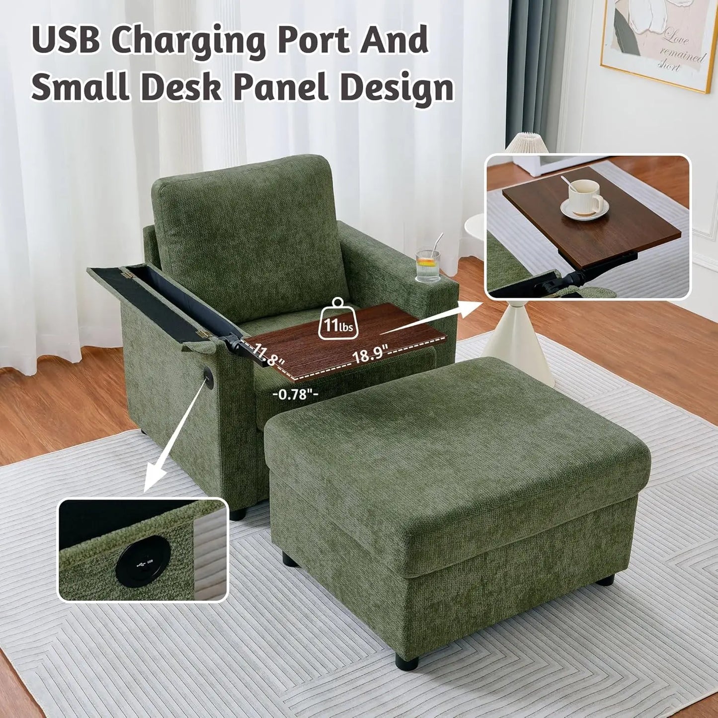 GUOHE Modern Accent Chair Set With Storage Ottoman For Living Room