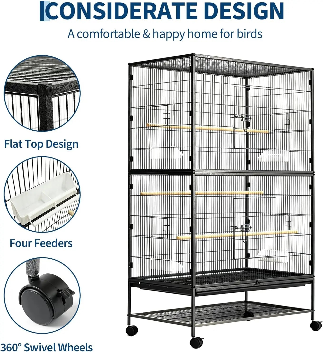 HiMISS Bird Cage with Rolling Storage Stands and Bowls