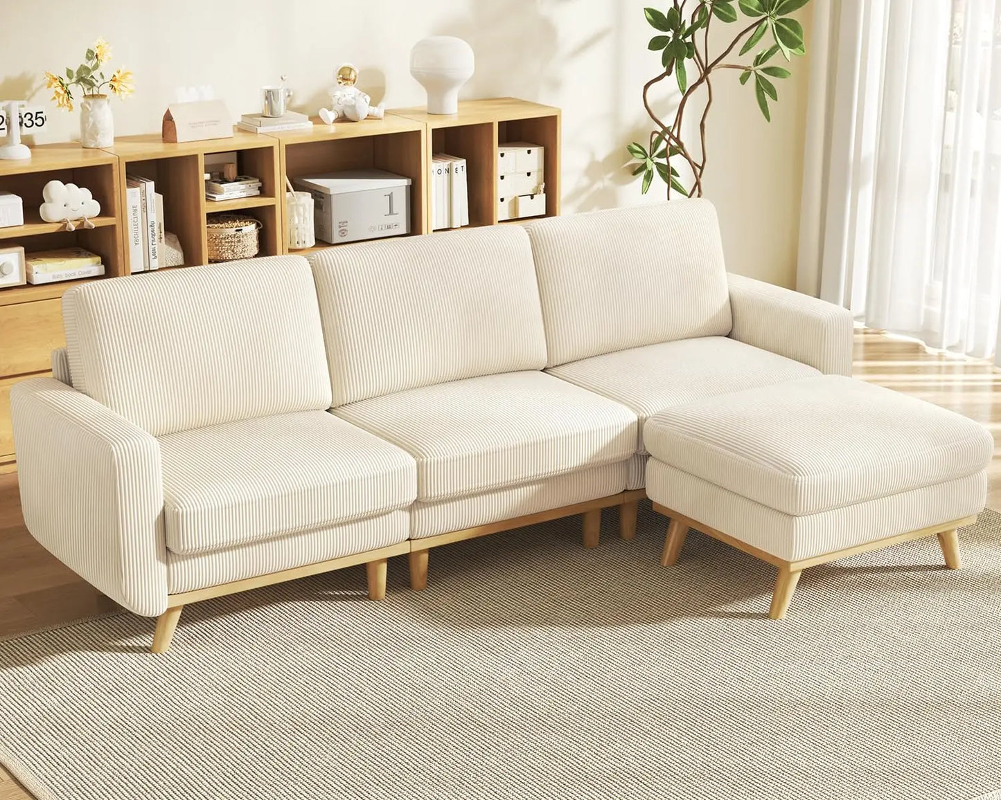 L Shape Modular Sectional Sofa 3 Seat Corduroy Movable Ottoman