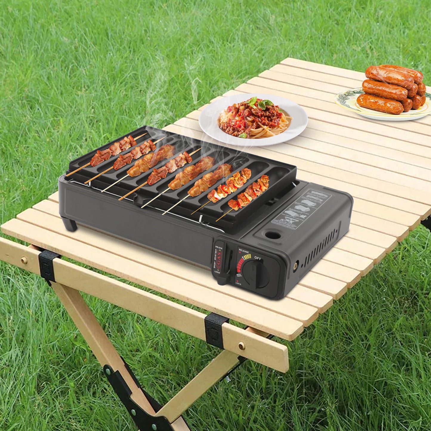 Bymaocar Portable Gas Grill Stove 2.2KW Butane With Sausage Plate