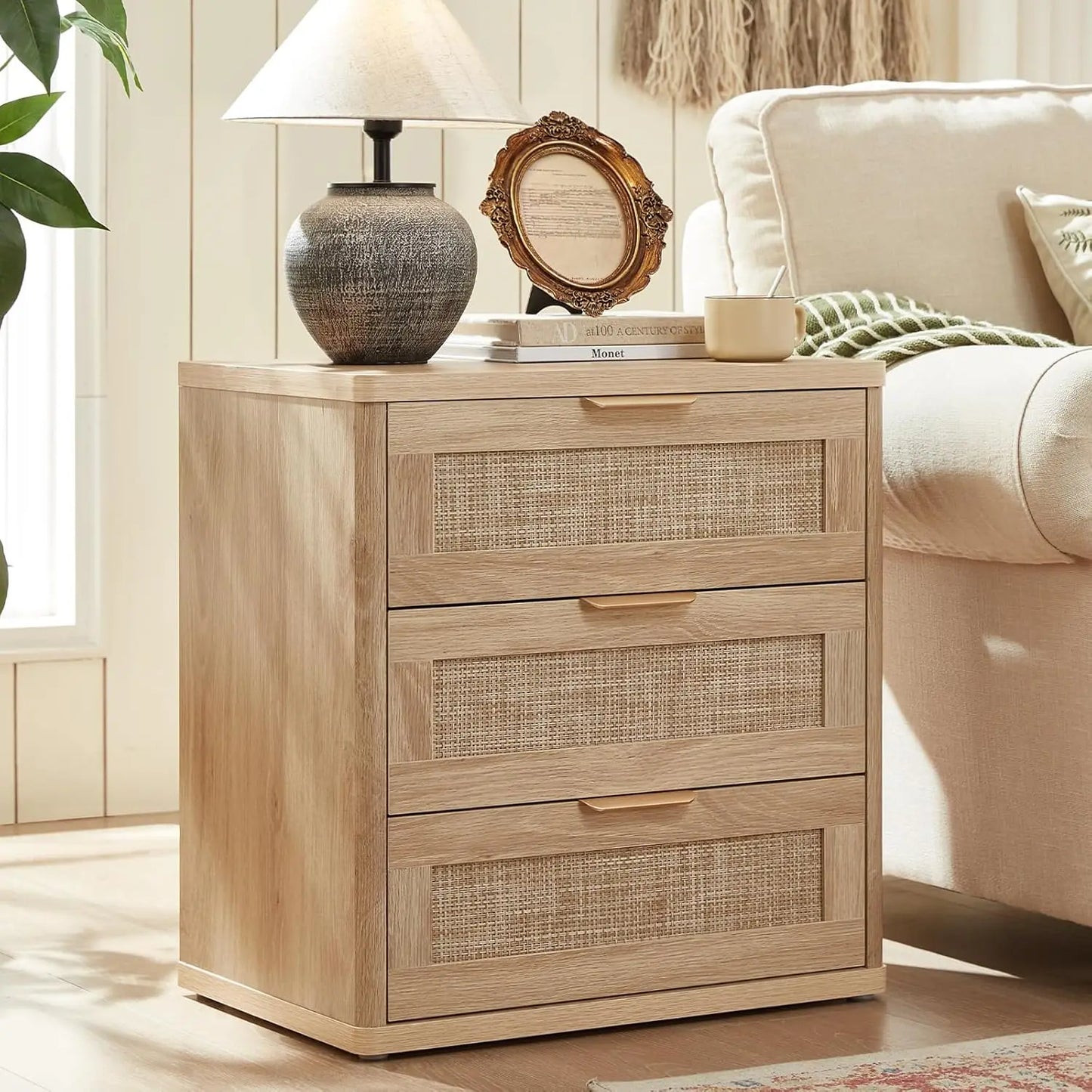 Rattan Nightstand Set Of 2 Boho Natural Wood Bedside Tables With Drawers