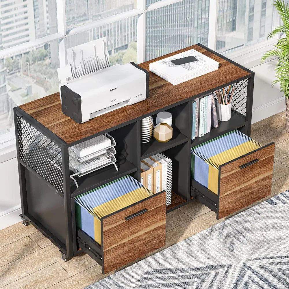 Two Drawer Wood File Cabinet With Mobile Filing And Printer