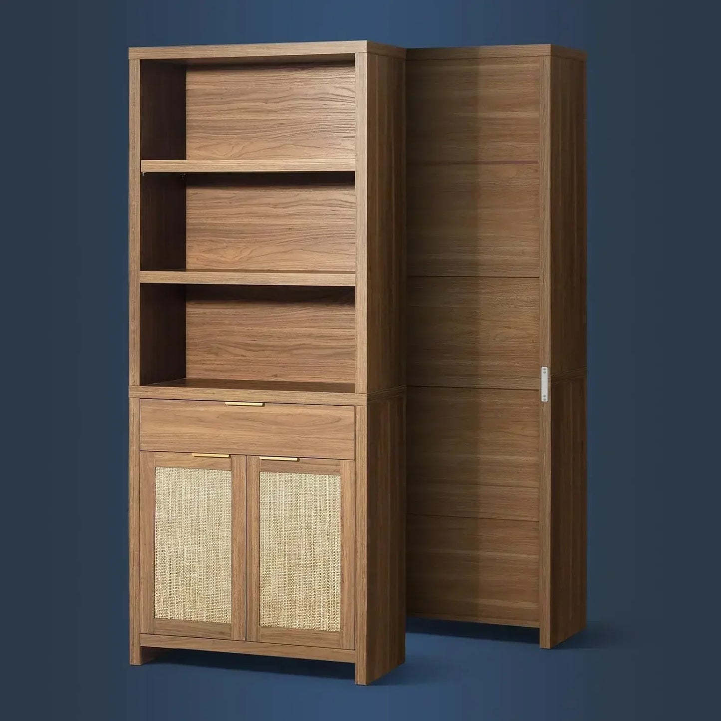 Rattan Bookcase With Doors And Drawer 5 Tier Large Wooden
