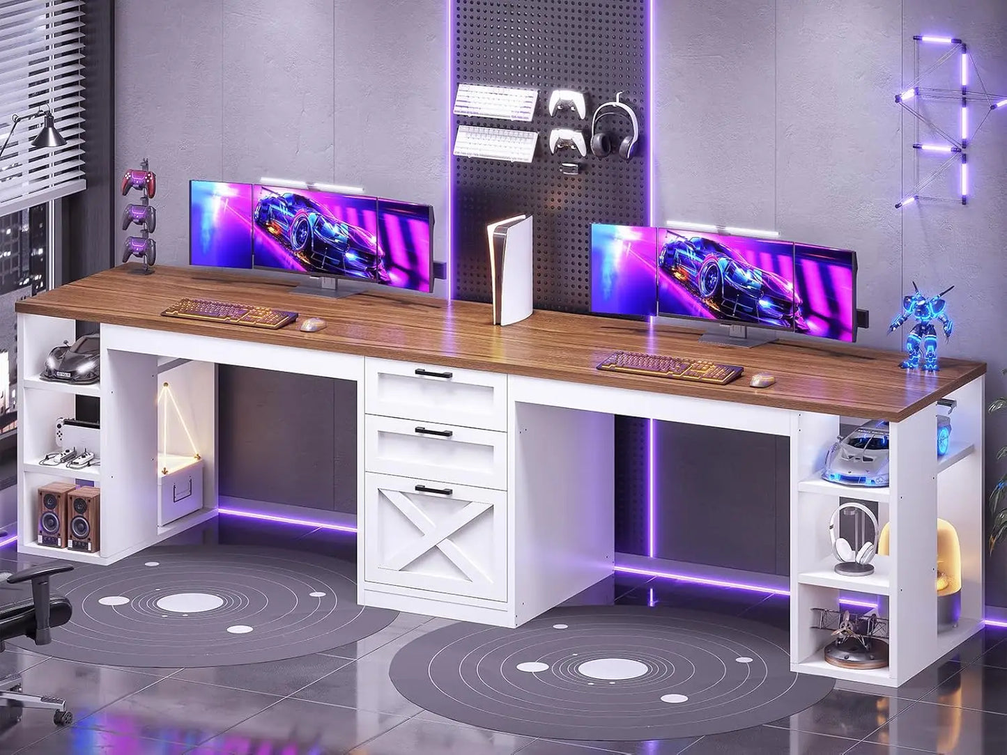 Farmhouse Computer Desk With Drawers And Storage Shelves For Home Office