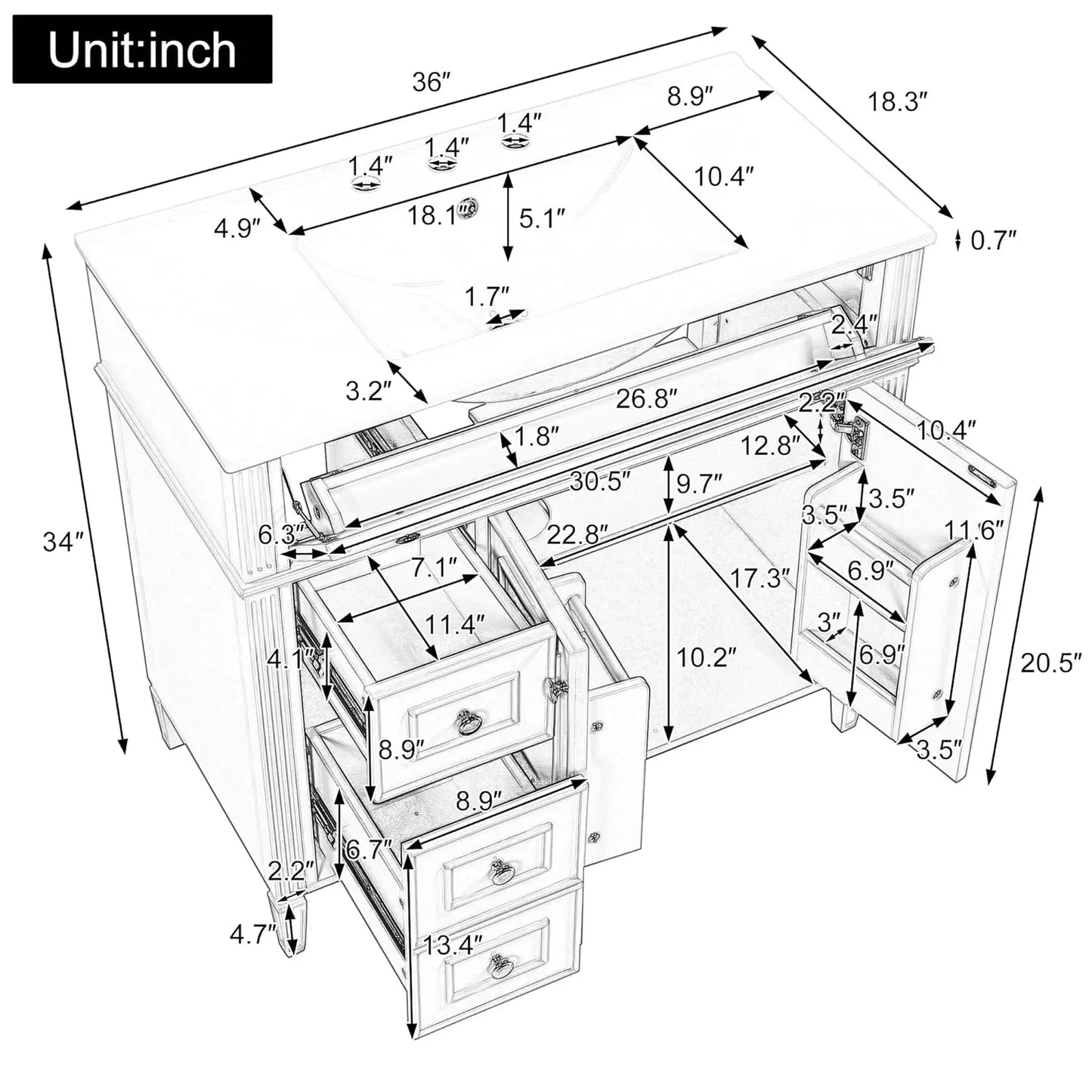 Free Standing Bathroom Vanity With Ceramic Basin And Sink