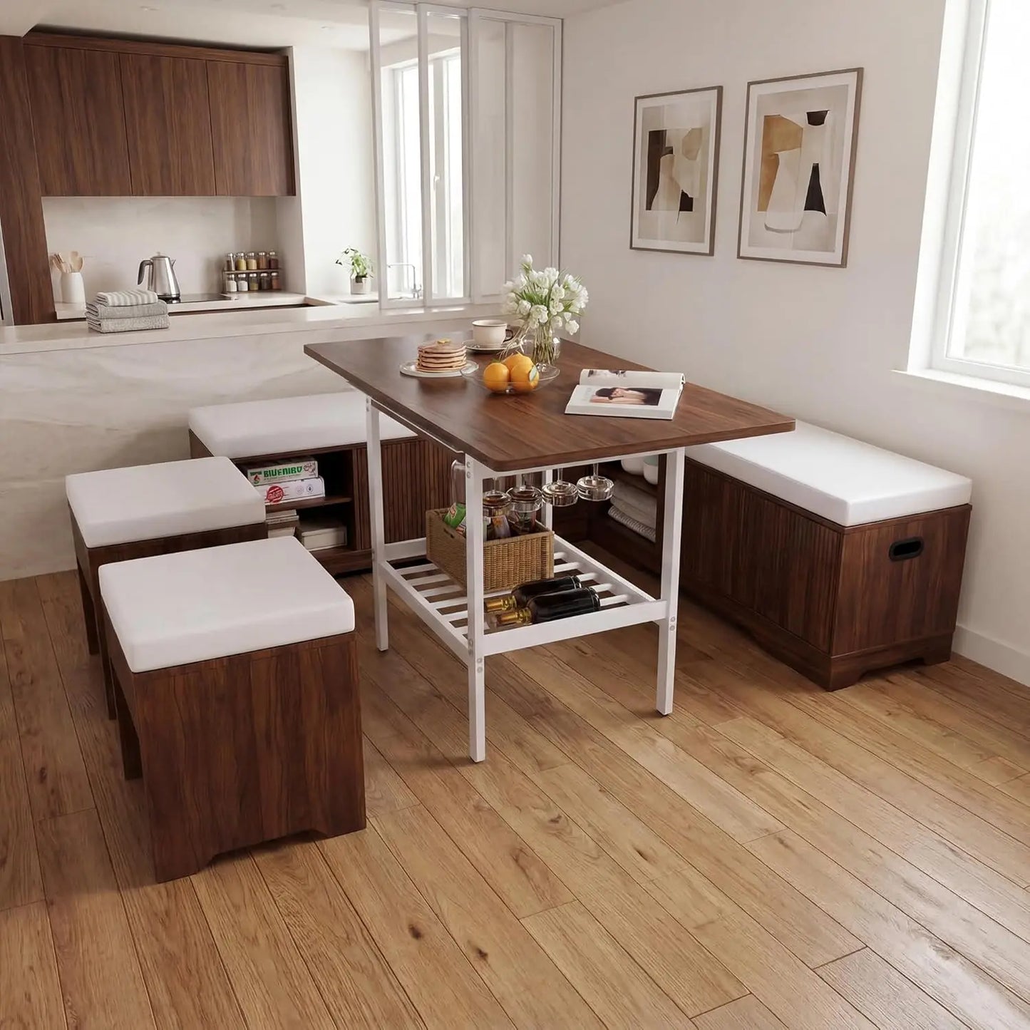 GUOHE Extendable 6 Piece Breakfast Nook Set With Storage Benches