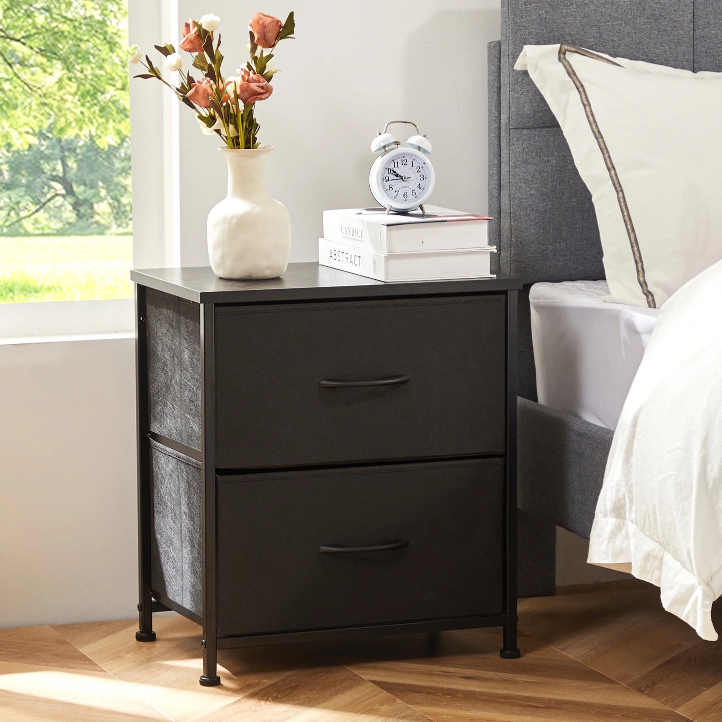 JHK Nightstand With Storage Drawers Bedside Table Modern Metal Frame
