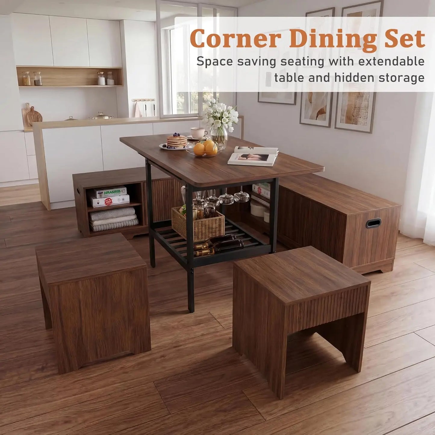 GUOHE Extendable Breakfast Nook Set With Storage Benches And Stools
