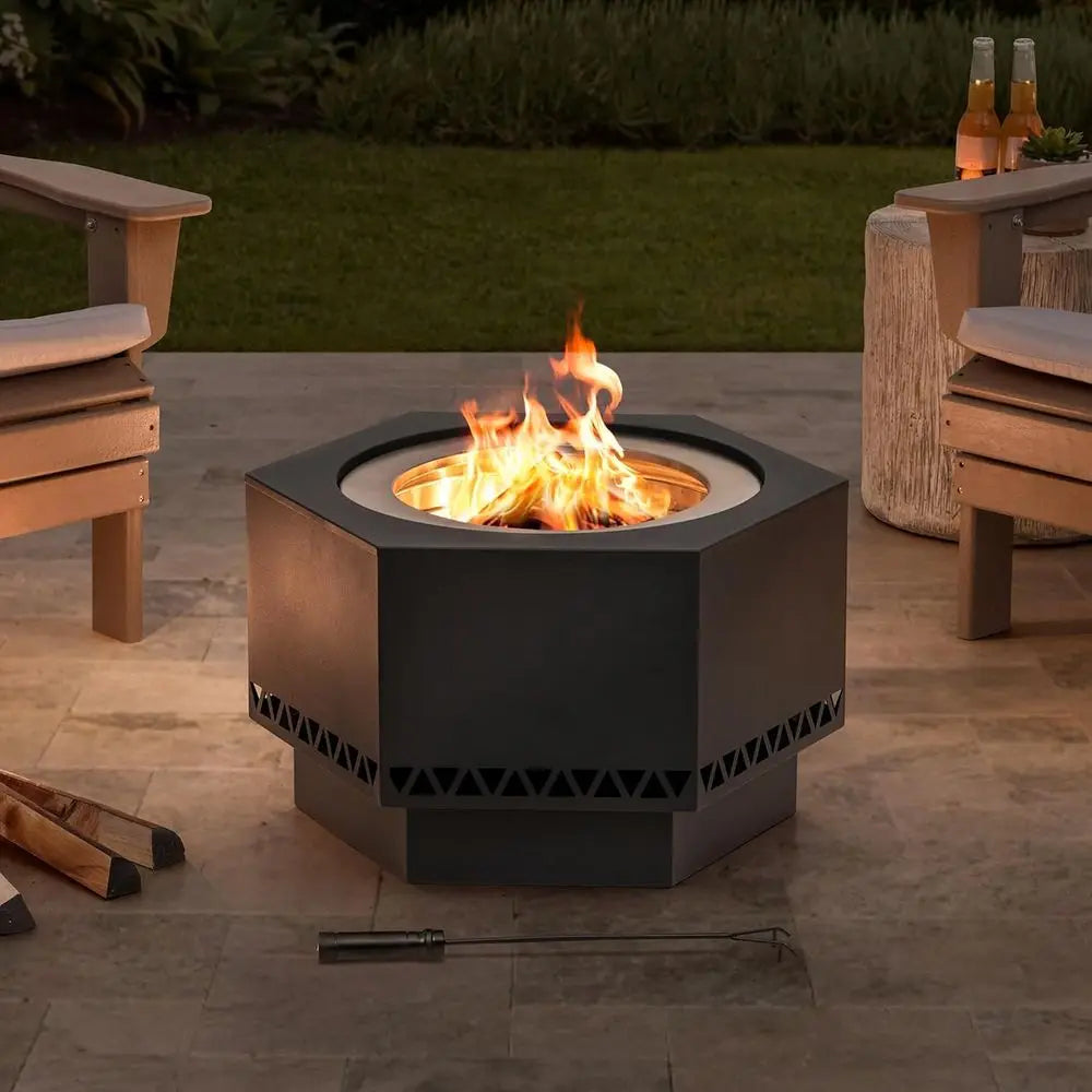 Hexagonal Outdoor Wood Burning Fire Pit With Cover And Poker