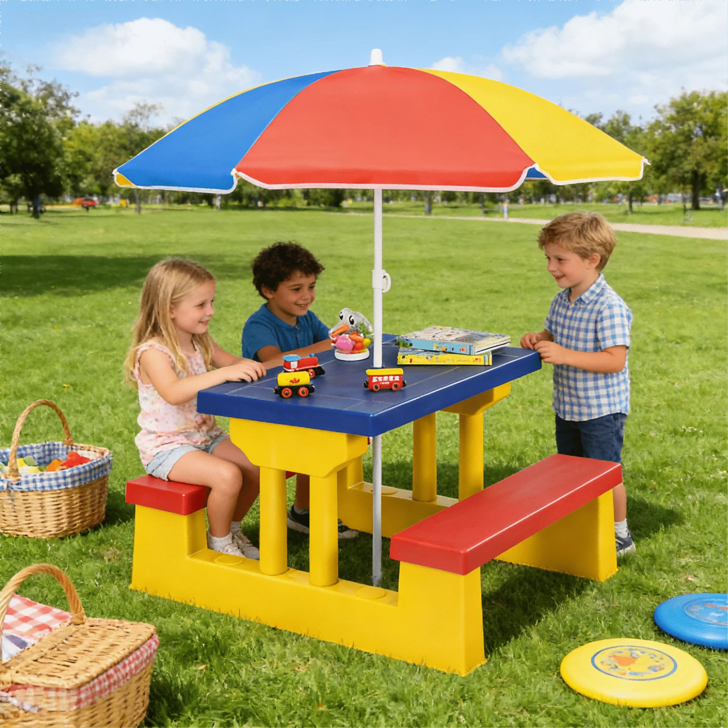 Kids Picnic Table Set With Foldable Umbrella Lightweight