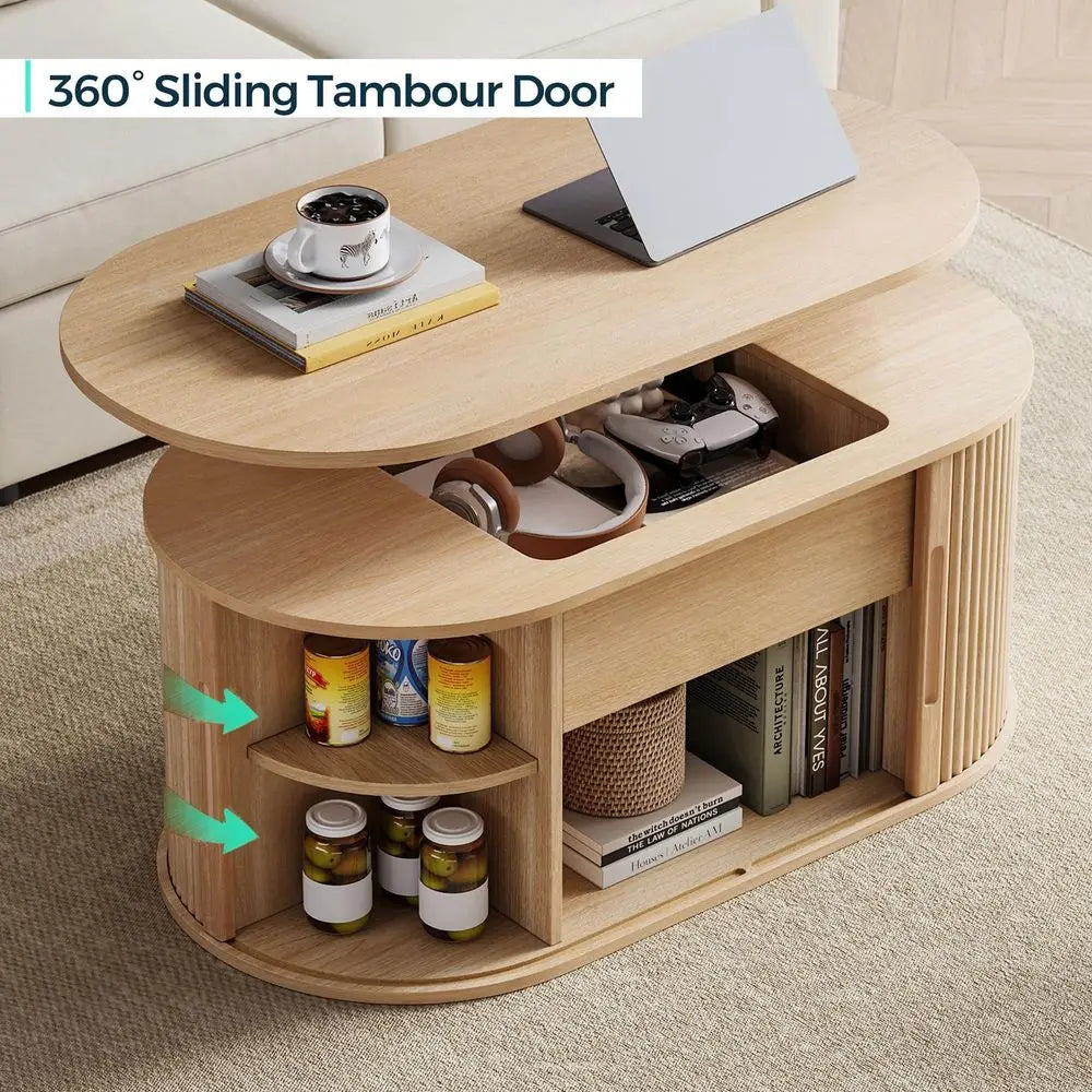 Oval Fluted Tambour Sliding Door Lift-Top Coffee Table With Storage