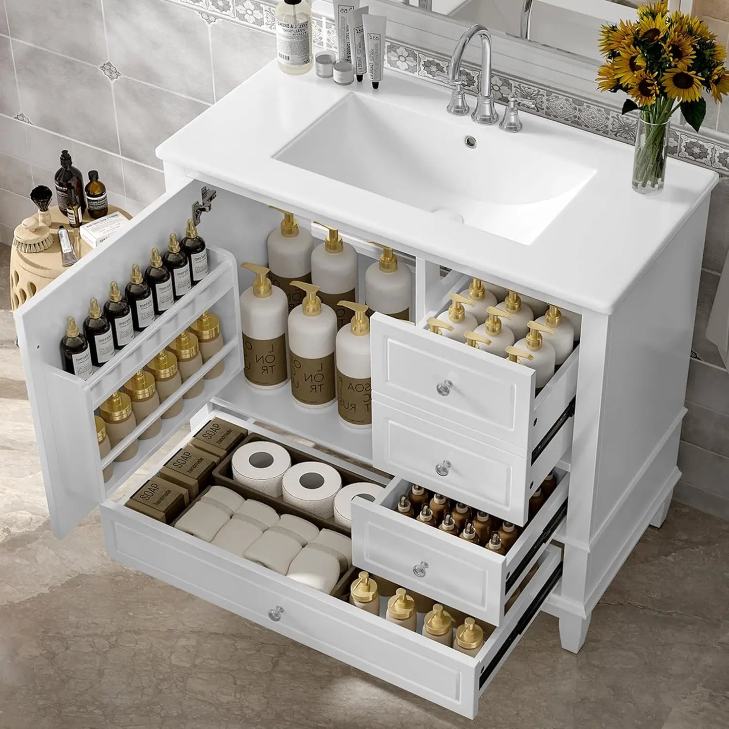 Free Standing Bathroom Vanity With Ceramic Basin And Sink