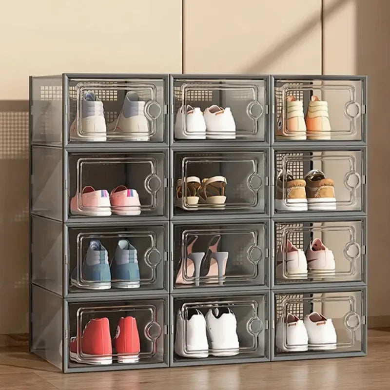 12 Pack Transparent Plastic Stackable Shoe Storage Boxes For Closet Organizer