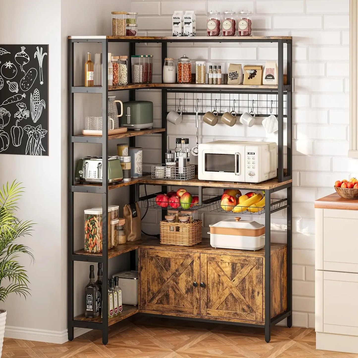 Corner Bakers Rack With Power Outlet Microwave Stand And Shelves