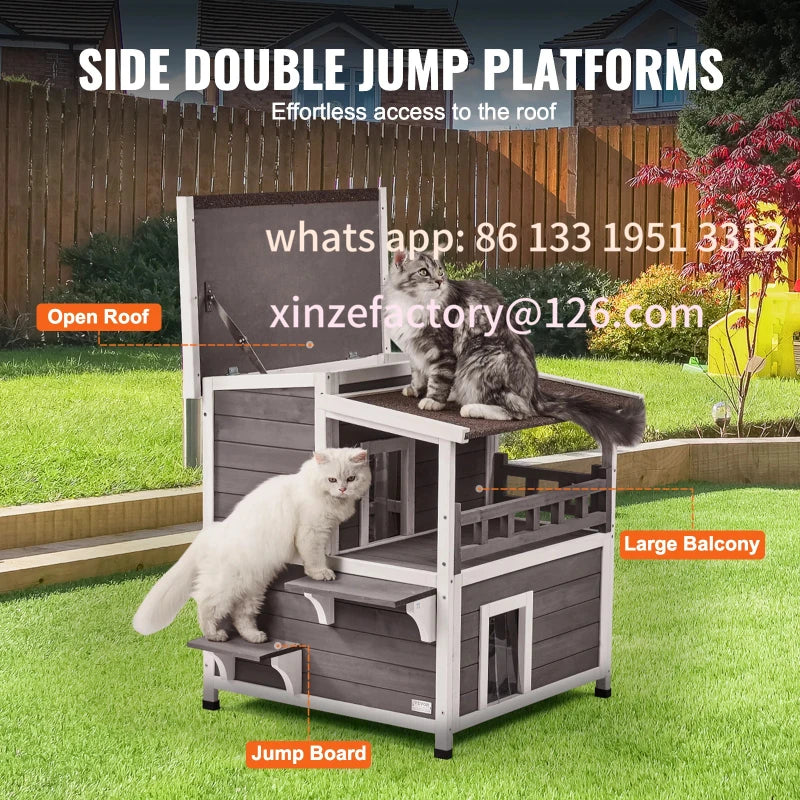 Weatherproof Outdoor Cat House Two Story Wooden Shelter With Balcony