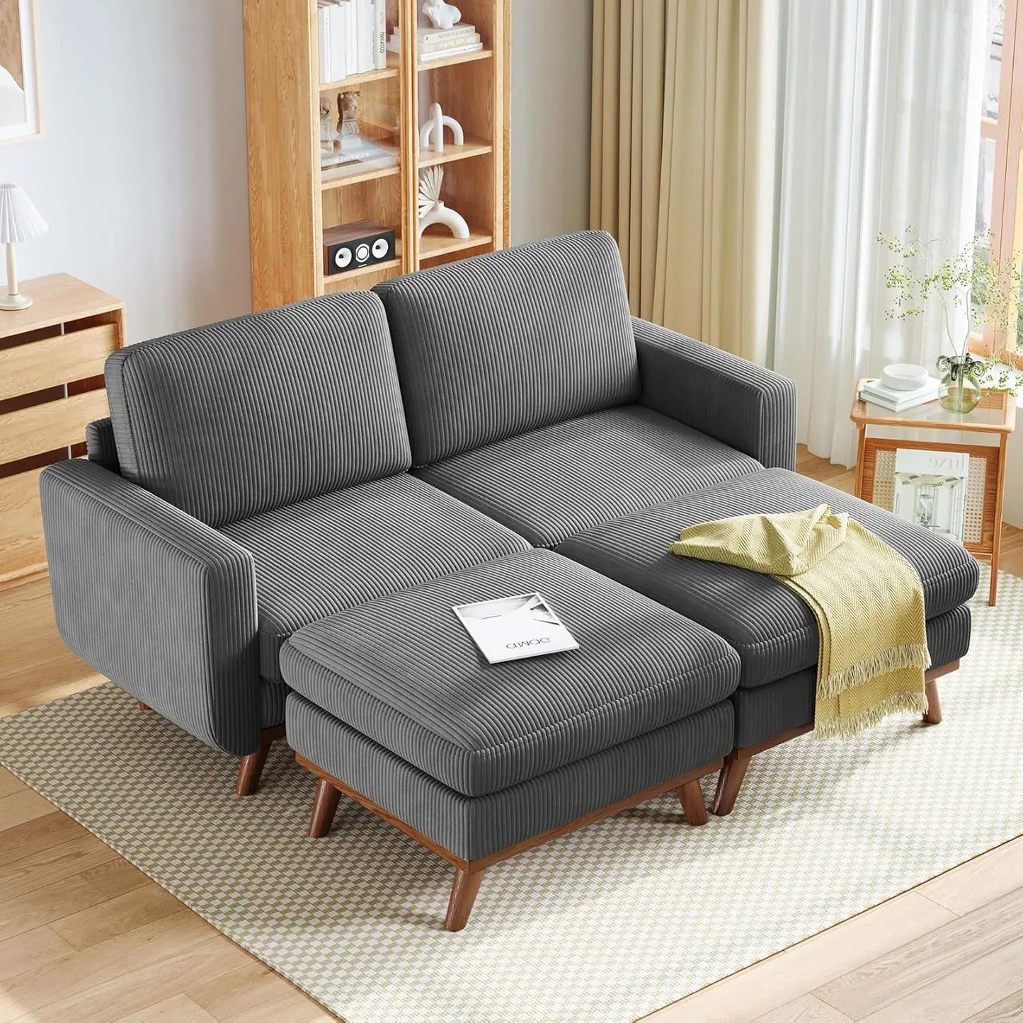 L Shape Modular Sectional Sofa 3 Seat Corduroy Movable Ottoman