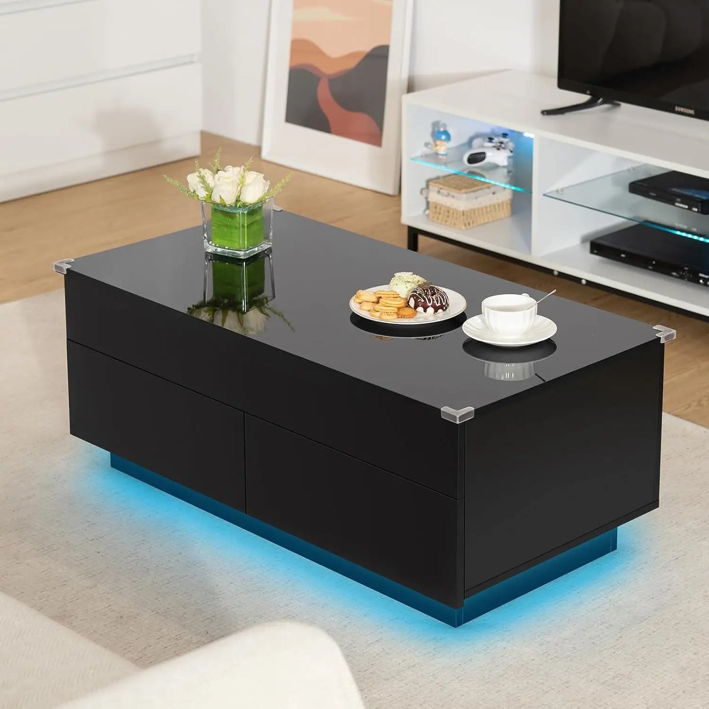 Lift Top Coffee Table With Storage And LED Modern Design