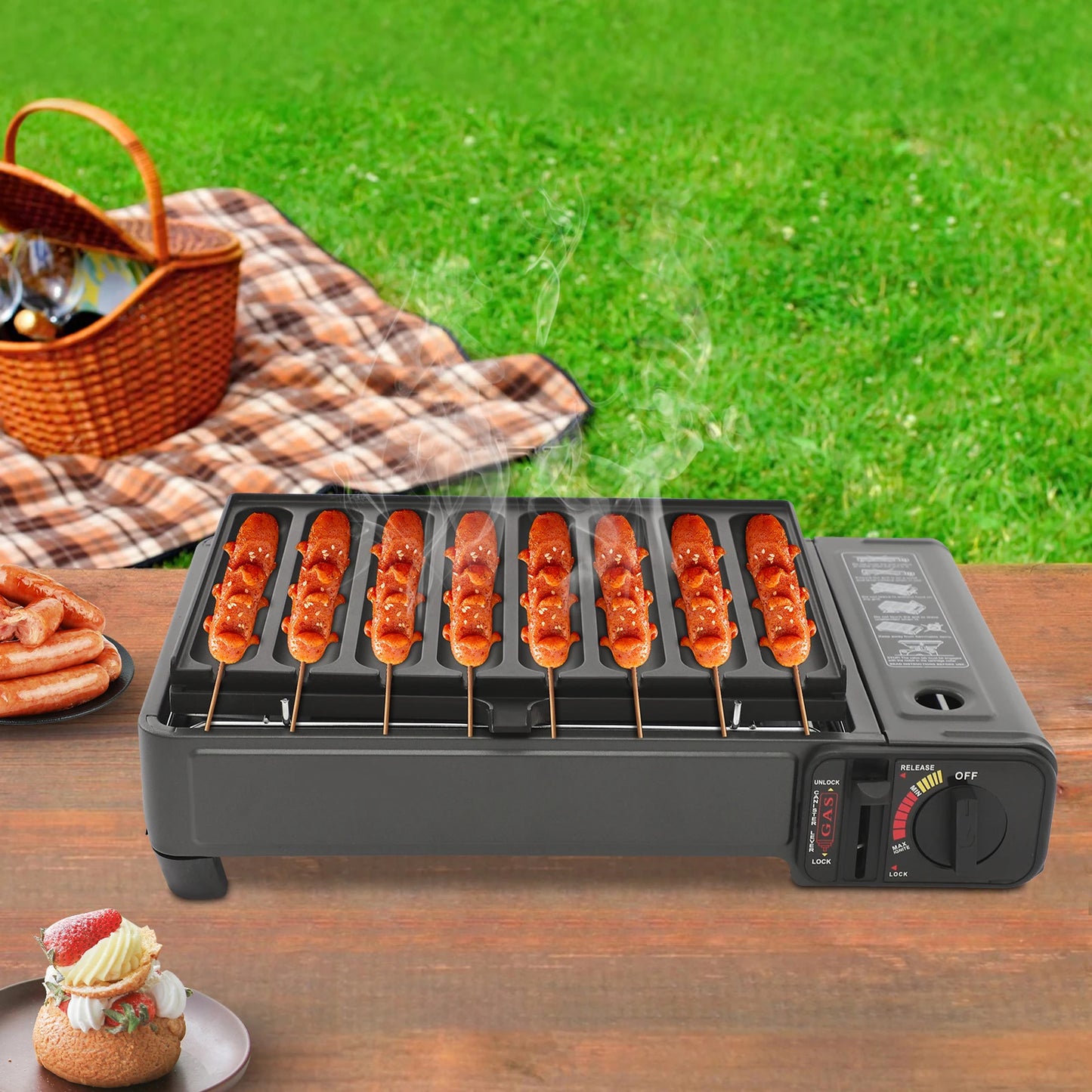 Bymaocar Portable Gas Grill Stove 2.2KW Butane With Sausage Plate