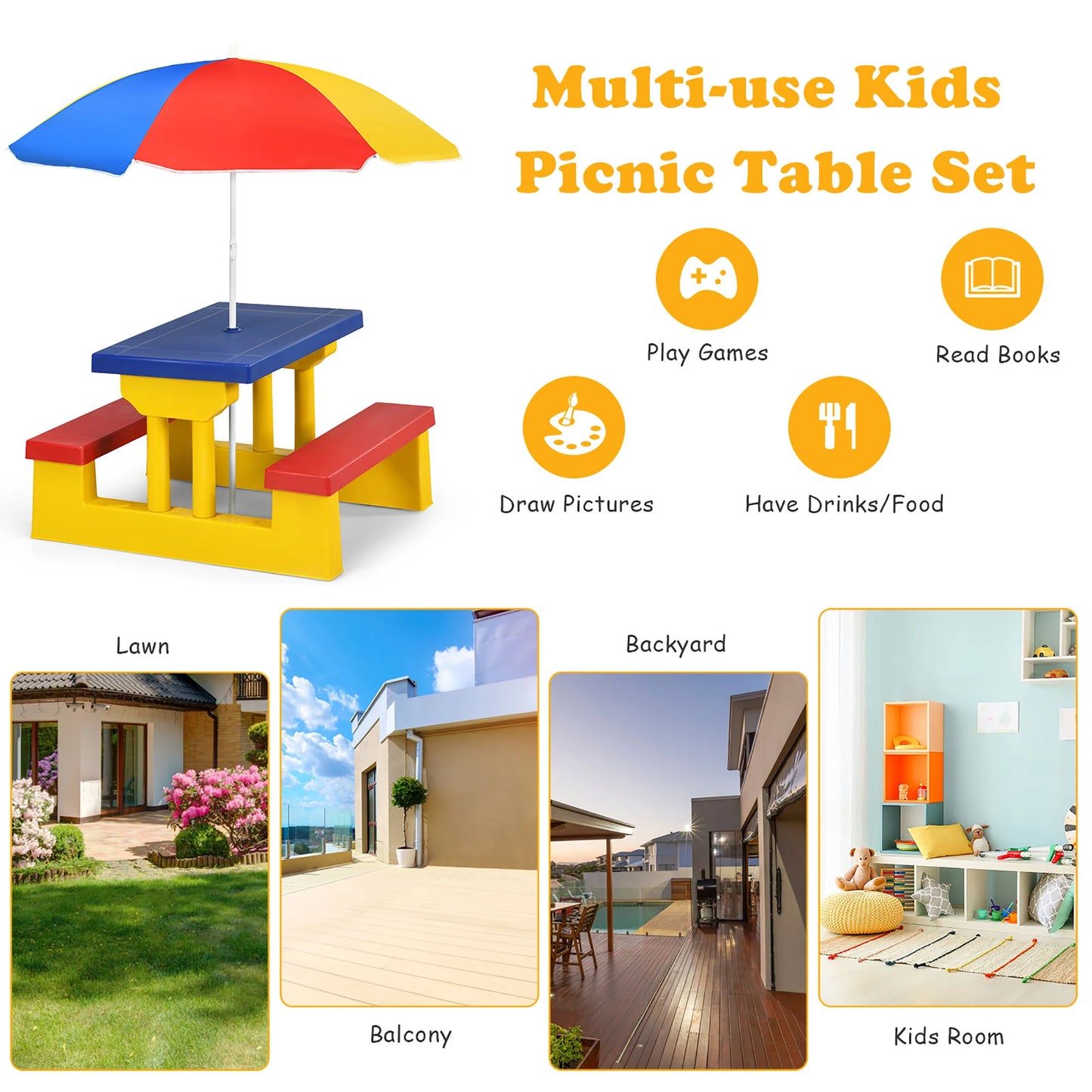 Kids Picnic Table Set With Removable Umbrella For Indoor Outdoor