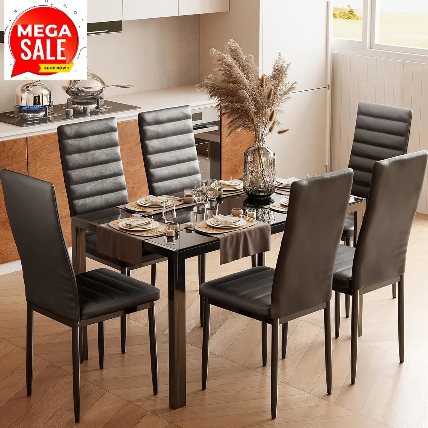 Modern 7 Piece Dining Table Set With Tempered Glass