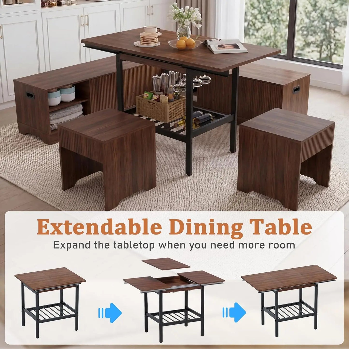 GUOHE Extendable 6 Piece Breakfast Nook Set With Storage Benches