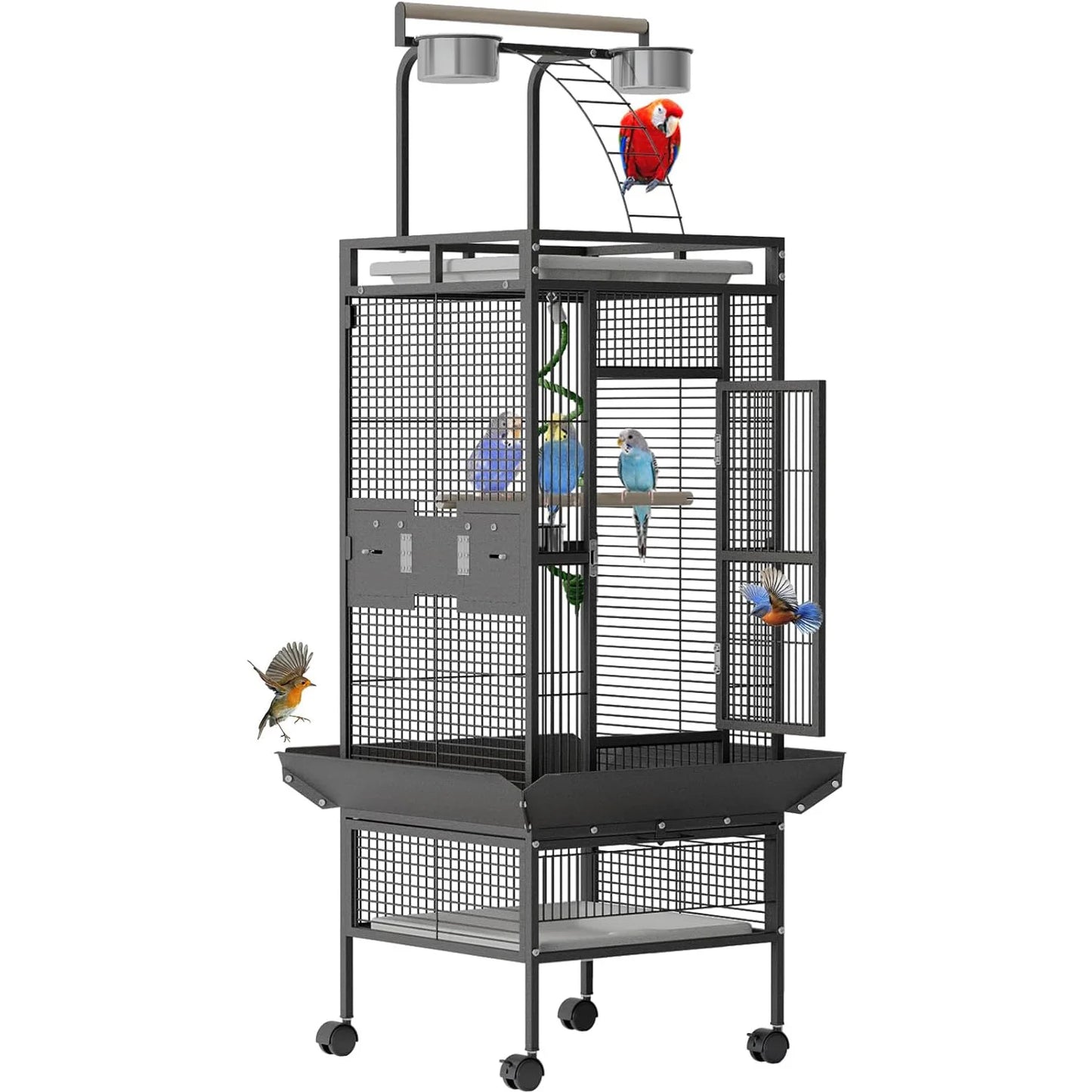 HiMISS Rolling Parrot Cage With Play Top Stainless Steel Bowls