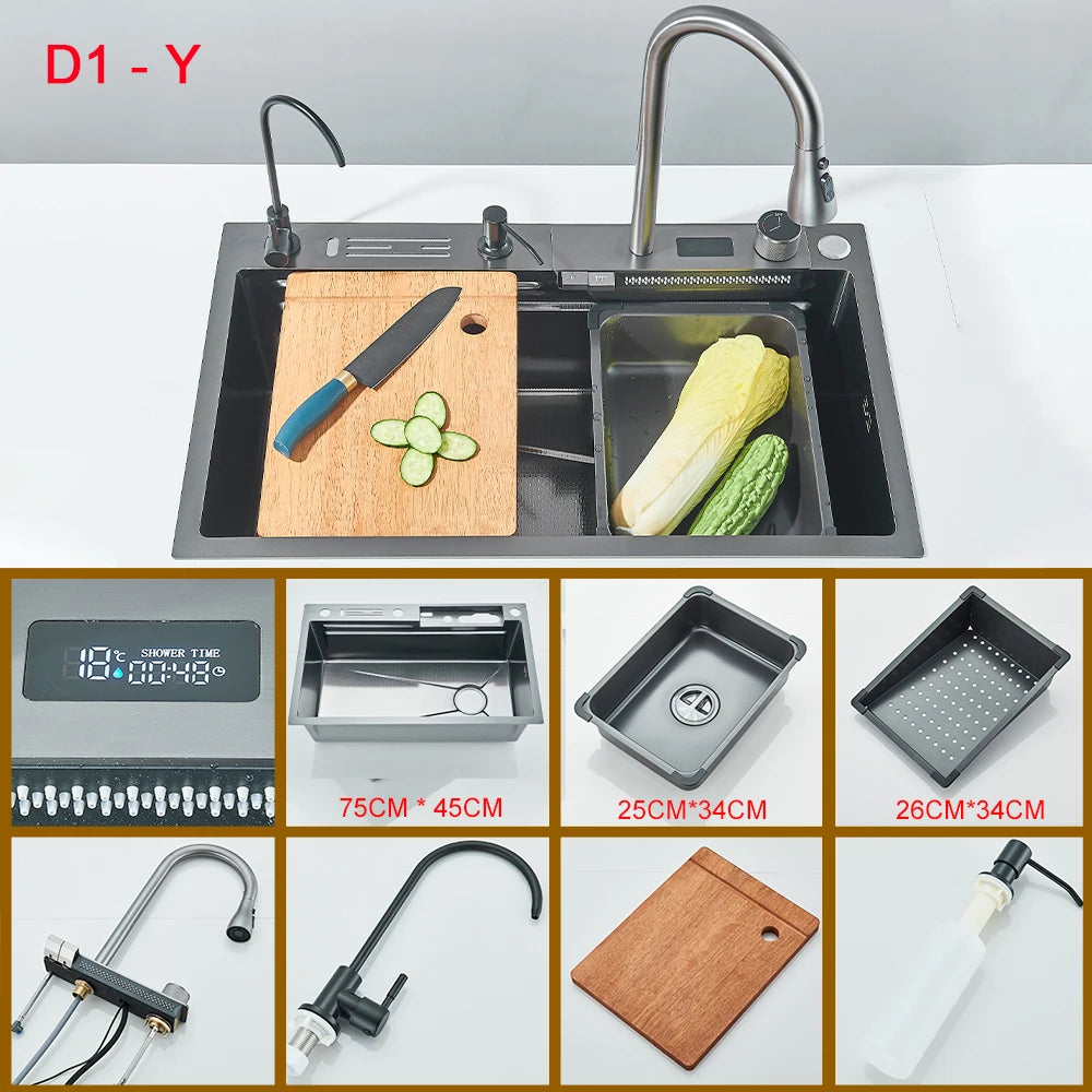 Multifunctional Kitchen Waterfall Sink With Digital Display, 304 Stainless Steel