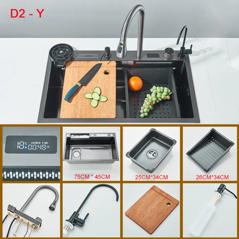 Multifunctional Kitchen Waterfall Sink With Digital Display, 304 Stainless Steel